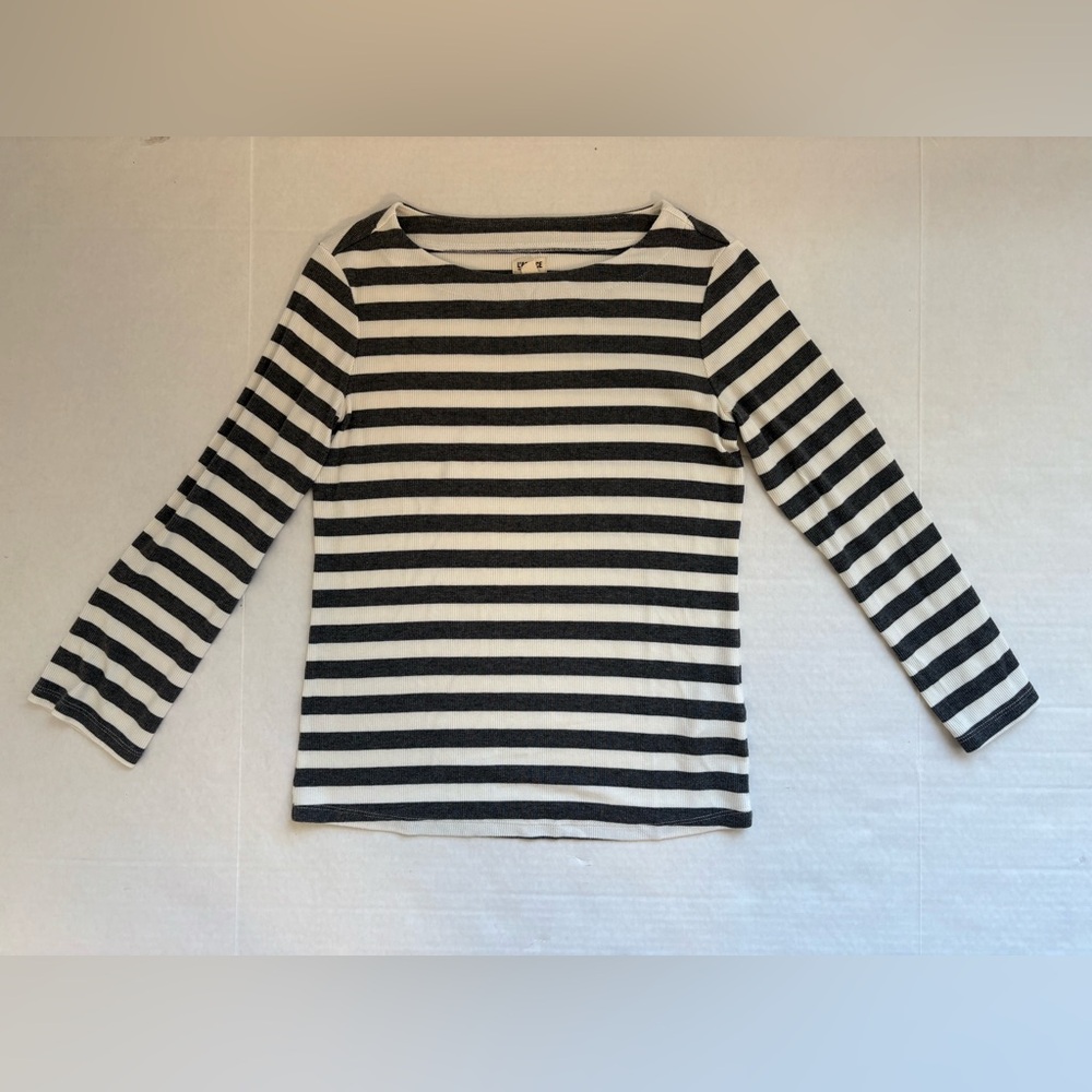 L’AGENCE White Gray Striped Top Blouse Stretch Rib Knit Boatneck 3/4 Sleeve Sz S